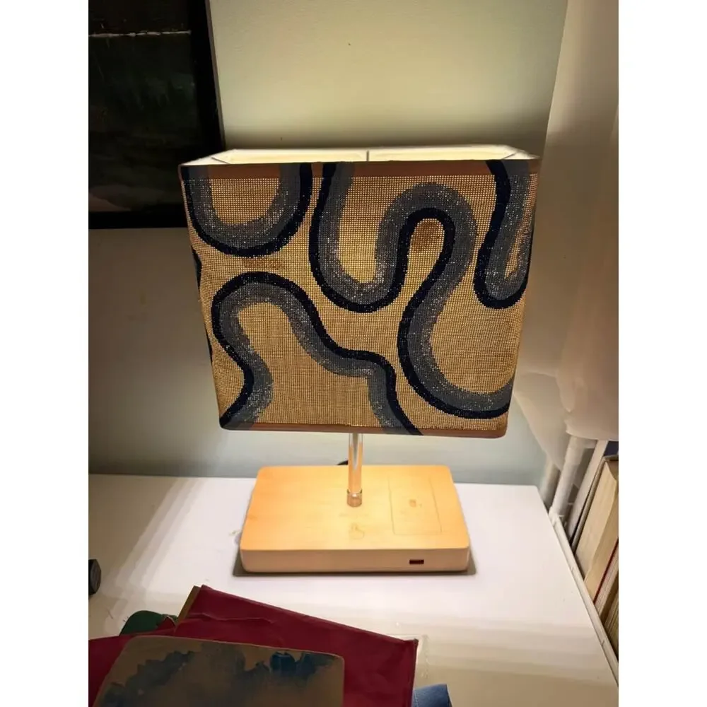Blue wavy hand painted dimmable extendable Table Lamp with Wireless Charger